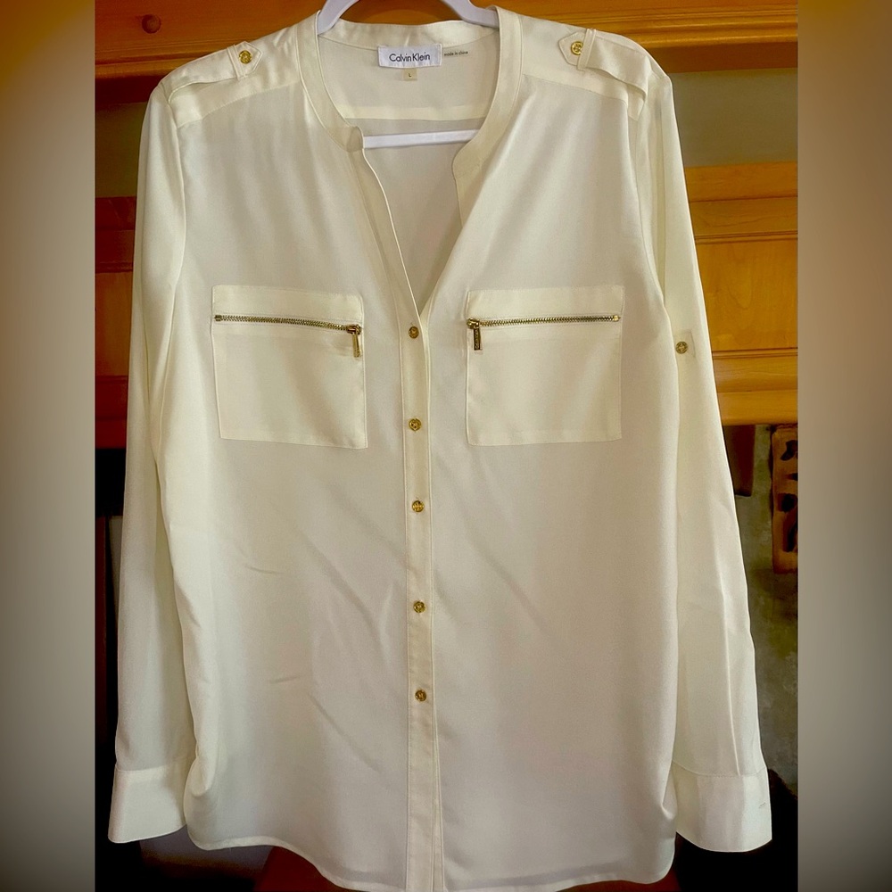 Calvin Klein Zip-Pocket Utility Blouse, Large